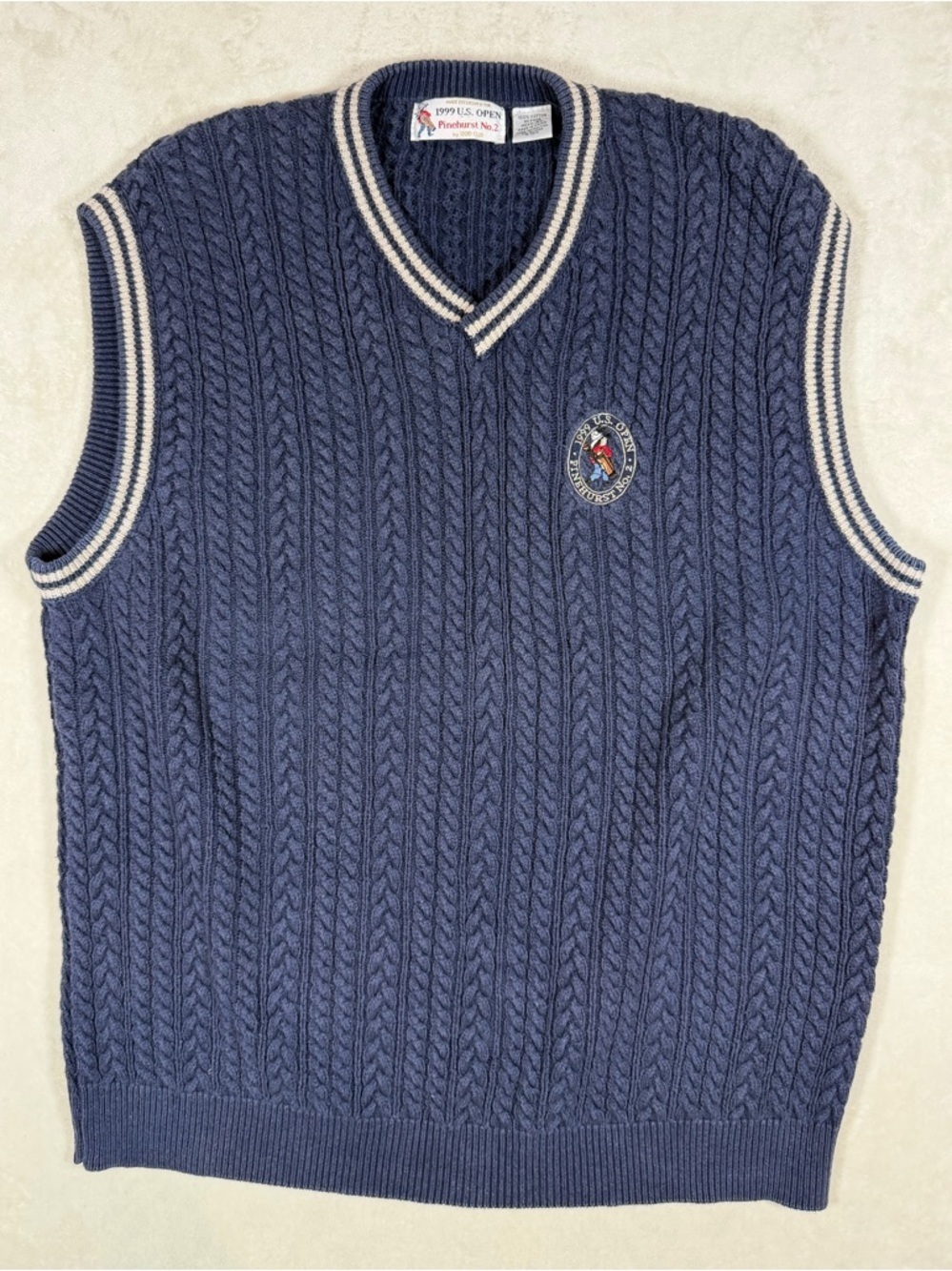 RARE Izod 1999 U.S. Open Pinehurst Men’s Navy Cable-Knit V-Neck Vest with Logo